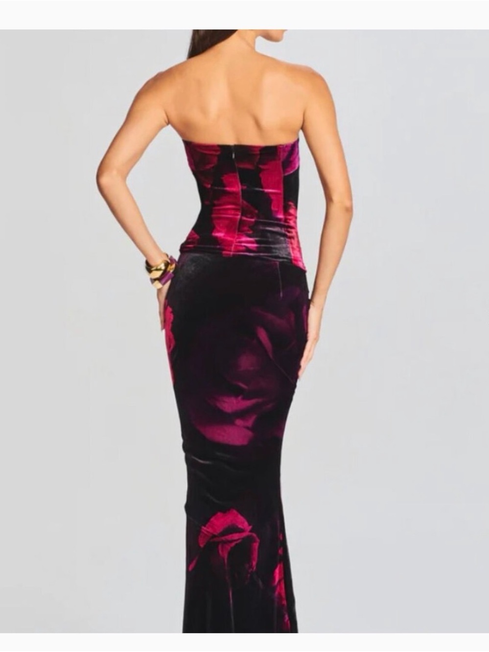 Retrofete Strapless Velvet top and skirt in Magenta and Black
